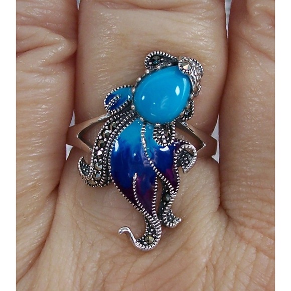 925 STERLING SILVER Simulated Turquoise Fish Ghost Marcasite Ring - Picture 3 of 16